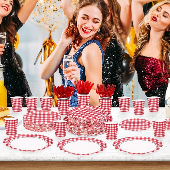 168 Pcs Red Gingham Checkered Party Supplies Scalloped Red and White Checkered - Image 6