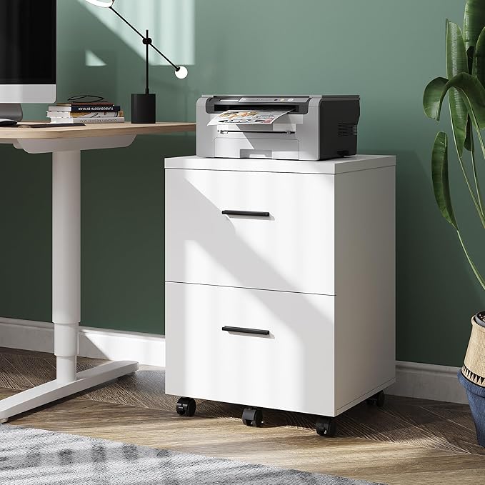 DEVAISE Wood File Cabinet, 2 Drawer Filing Cabinet for Home Office, Vertical File Cabinets with Wheels fits A4/Letter/Legal Size File, White