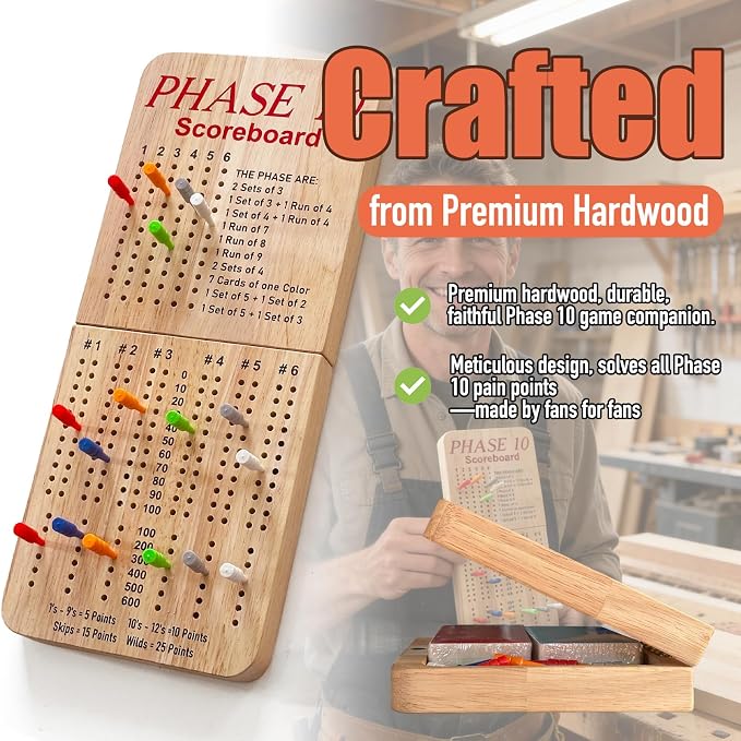 Tuiiopoli Score Board for Phase 10, Thicken Real Quailty Hardwood Oak Scoreboard - Image 5