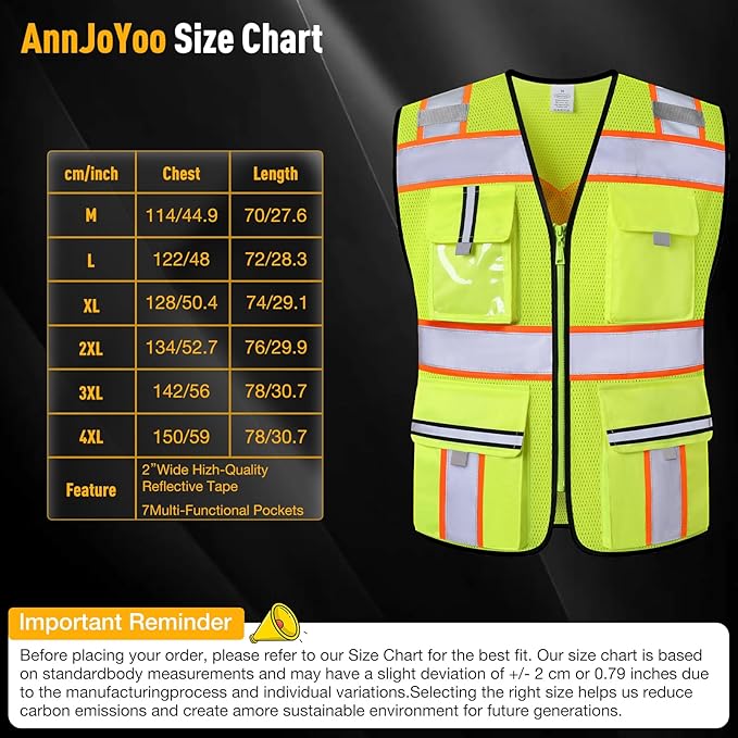 Class 2 Safety Vest with Zipper Front and multiple Pockets, High Visibility Vest, Meets ANSI/ISEA Standards