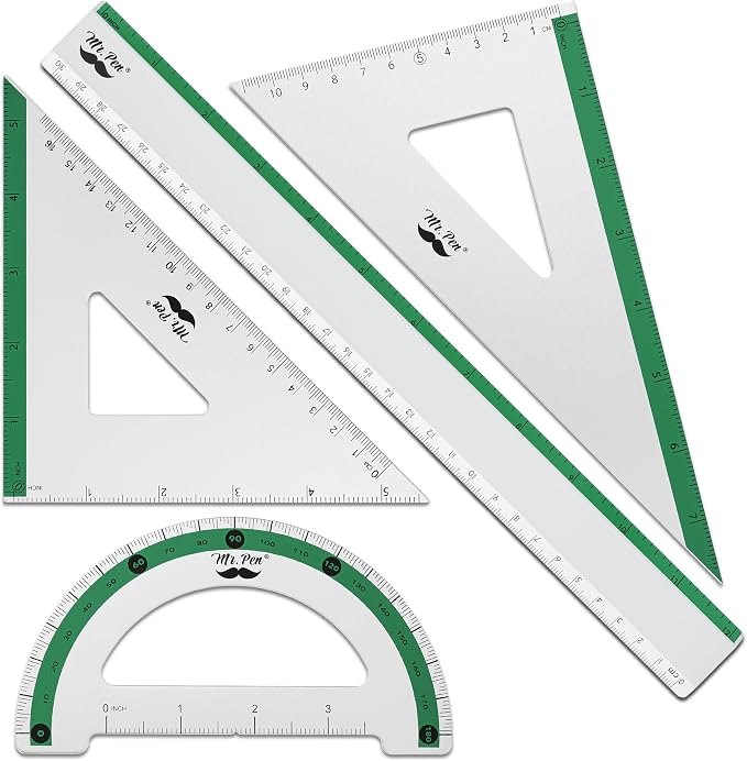 Mr. Pen- Metal Geometry Kit, 4 Pack, 45° & 30°/60° Set Squares | 6" Protractor by MrPen