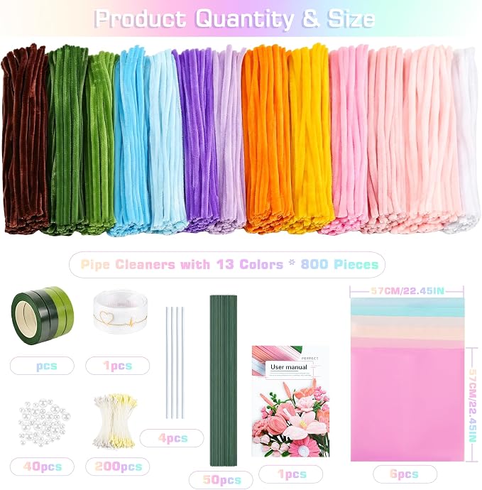 800 PCS Pipe Cleaners Craft, Pipe Cleaners Flowers Kit - Image 2