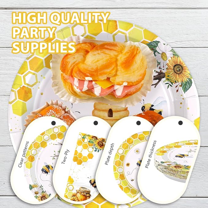 168 Pcs Bee Birthday Party Decoration, Serves 24 | Bumble Bee Plate Napkin Cup - Image 4