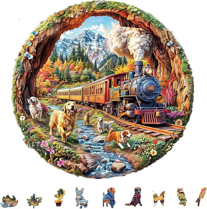 KAAYEE Wooden Puzzles for Adults, Dogs Racing Against Trains Wooden Jigsaw by KAAYEEDirect