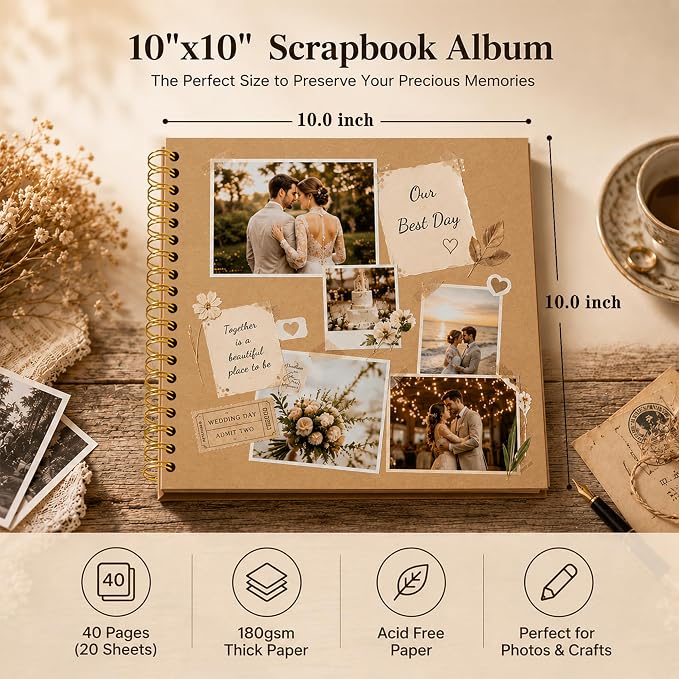 DIY Scrapbook Album 10x10 Inch 40 Pages, Hardcover Kraft Paper | Photo Book - Image 2