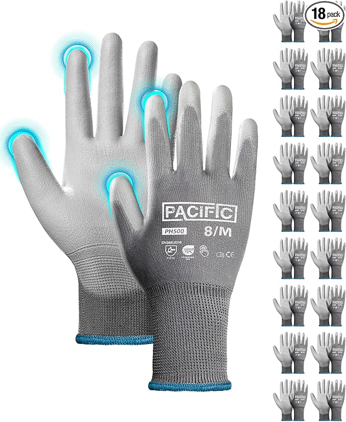 PACIFIC PPE Work Gloves for Men and Women, Touchscreen, 18 Pairs Bulk Pack Mechanic Gloves, PU Coated, Mens Gardening Gloves, Lightweight, Grey, Medium
