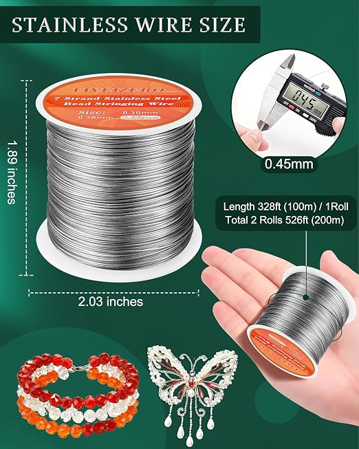 FIVEIZERO 656FT 0.45mm 7 Strand Stainless Steel Beading Wire, 2 Rolls Nylon - Image 2