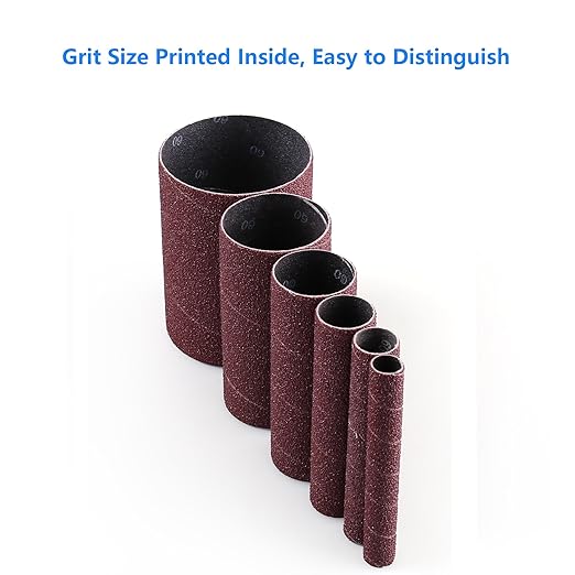 LotFancy 24PCS Spindle Sander Sleeves, 60 Grit Sanding Sleeves, Aluminum Oxide Abrasive, 4-1/2” Length, 4 Each of 1/2”,3/4”,1”,1-1/2”, 2” and 3”