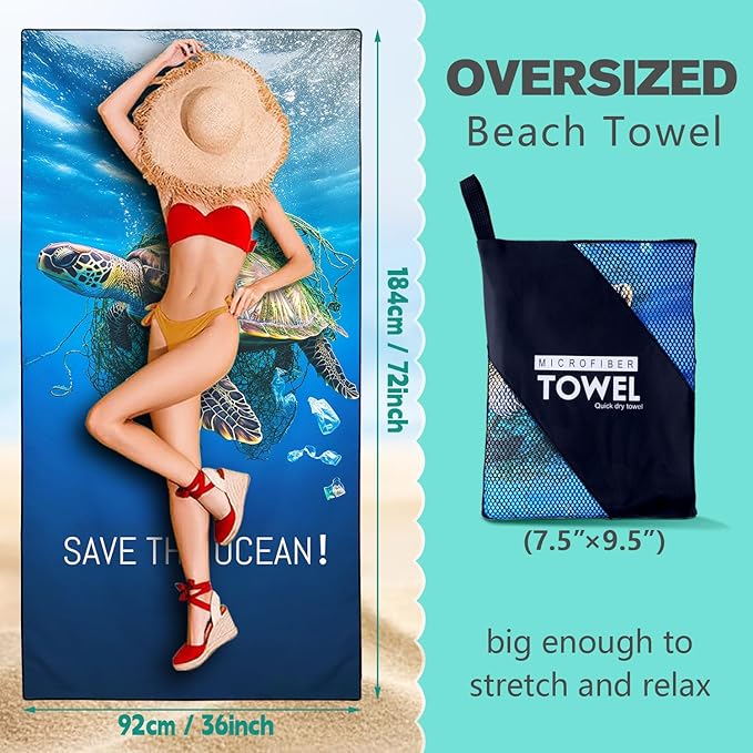 Protect Marine Life Beach Towel Oversized 36" x 72", Thin Lightweight Sand Free Quick Dry Microfiber Towel for Swimming Pool Cruise Camping Travel