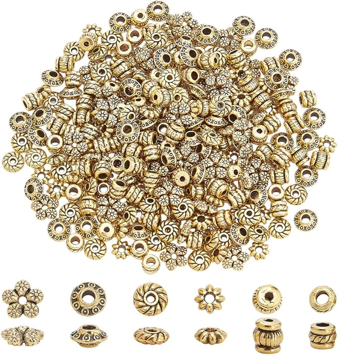 PH PandaHall 300pcs Tibetan Spacer Beads, 6 Style Antique Golden Spacers Alloy by PHPandaHall