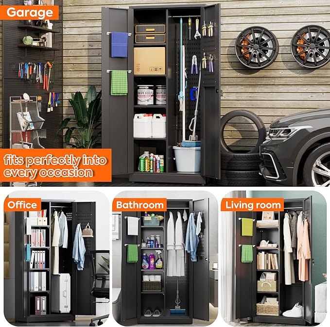 Aobabo Metal Cleaning Tool Storage Cabinet with Lockable Door, 13 Hooks and Towel Racks, Broom Closet Storage Cabinet for Janitorial Supplies, 71.41" H×31.53" W×15.74" D, Assembly Required, Black