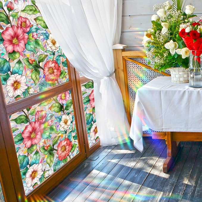 Camellia Window Film Decorative Privacy, Static Cling Stained Glass Film - Image 4