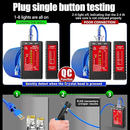 NF-468S RJ45 Network Cable Tester for CAT5, CAT5E, CAT6, CAT6A, Cat7 POE Test UTP/STP Cable Checker Telephone Line CAT3 Cable Mapper Network Tools (Professional Grade)