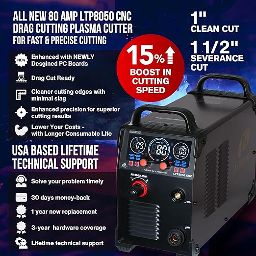LOTOS LTP8050 CNC 80AMP Blow Back Arc Plasma Cutter, CNC Interface Ready, HTC/Arc OK Output, Drag Cut Enabled, 1" 25mm Clean Cut, Metal Cutting Machine, 220V