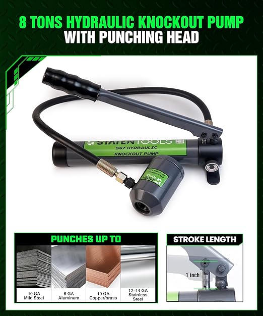 1/2" - 2" Hydraulic Knockout Punch Set | 15 US Tons | Knock Out Set with 6 Dies | Punching Capacity 11-16 Gauge | 1 Year WARRENTY | Staten Tools