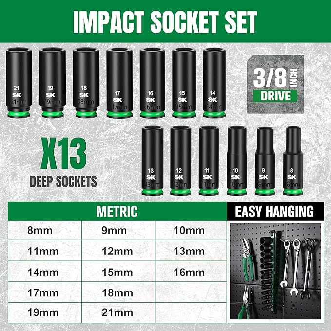 SK 3/8" Drive Impact Socket Set, Deep Metric Sockets, 13-Piece 8 to 21mm, Premium CR-MO Steel, SureGrip 6 Point Design, with Aluminum Socket Organizer