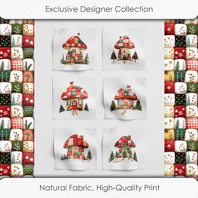 Christmas Patchwork Mushroom House Fabric Panel – Single Continuous Cotton - Image 5