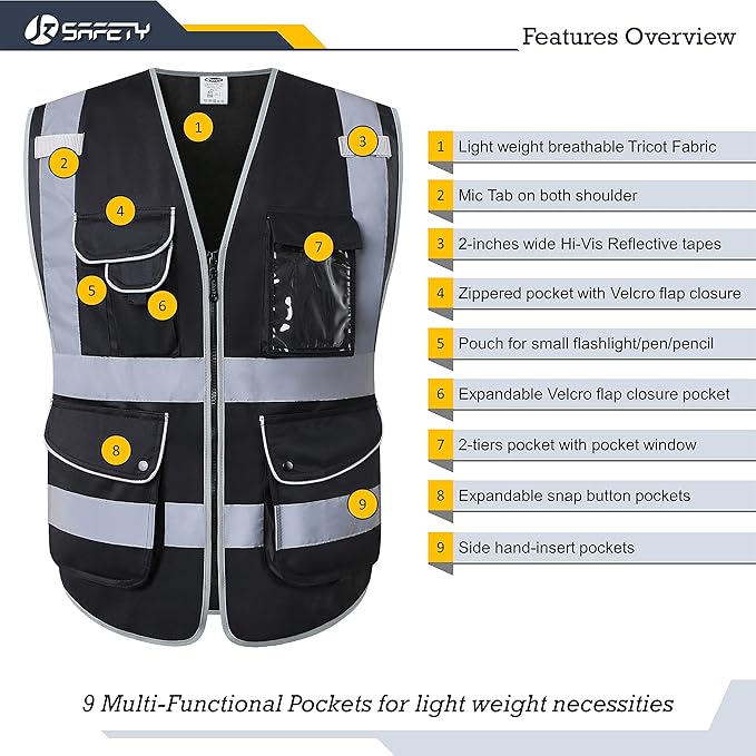 JKSafety 9 Multi-Functional Pockets Zipper Front Safety Vest With Reflective Strips Meet ANSI/ISEA Standards (150-Black, X-Large)