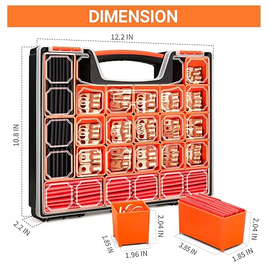 Kuject 220PCS Battery Cable Ends AWG 1 2 4 6 8 1/0 2/0 Gauge, 110PCS Heavy Duty Copper Wire Lugs Kit, Battery Cable Terminal Connectors Assortment with 110PCS 3:1 Heat Shrink Tubing