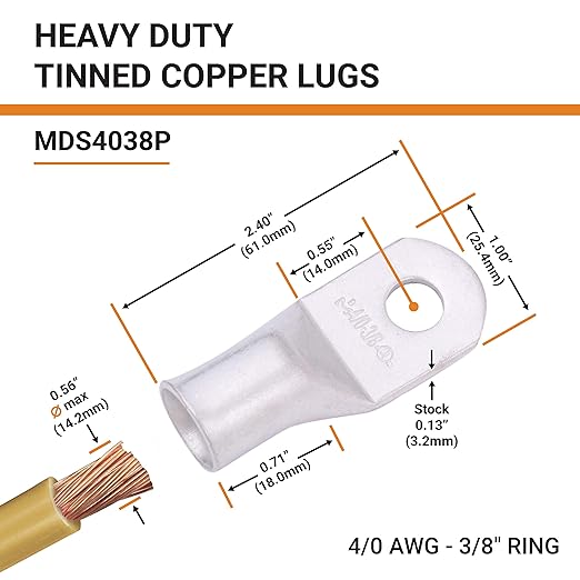 SELTERM 2pcs 4/0 AWG 3/8" Stud Tinned Copper Wire Lugs, Battery Lugs, Ring Terminals, Battery Cable Ends, 0000 Gauge Ring Terminal Connectors, UL Marine Grade Electrical Battery Terminal Connectors