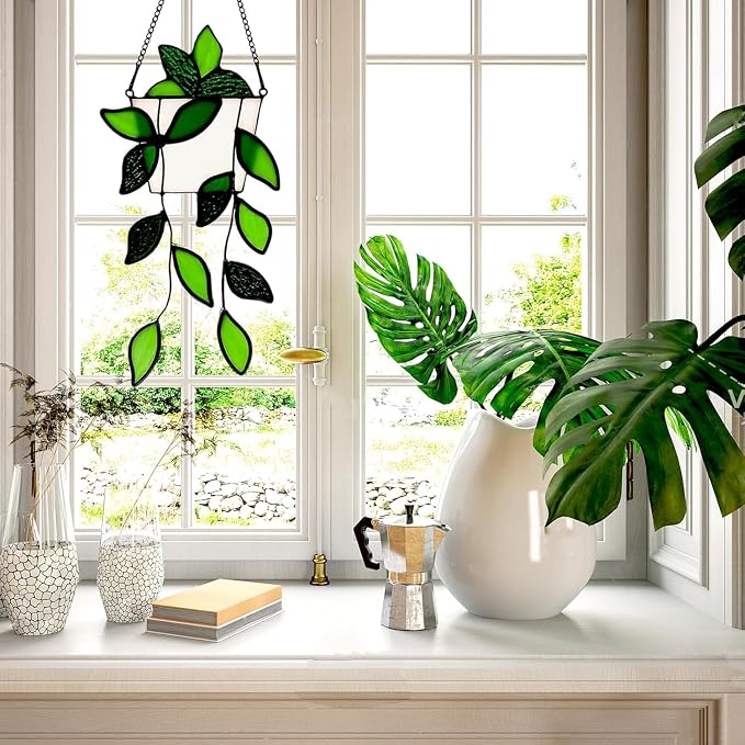 Handcrafted Real Stained Glass Window Hanging Green Plant Window Suncatcher | - Image 5