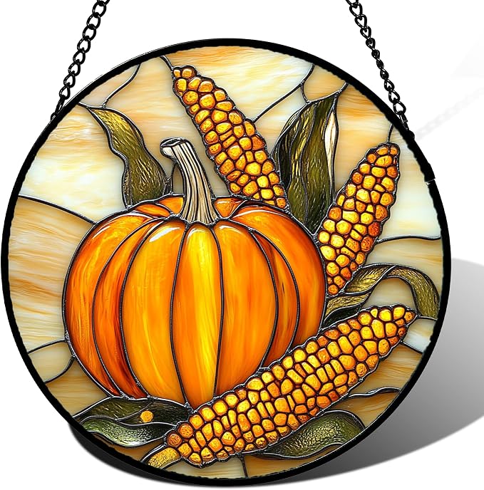 DASTOLL Stained Glass Window Hanging Autumn Harvest Pumpkin Corn 6.3" by DASTOLL
