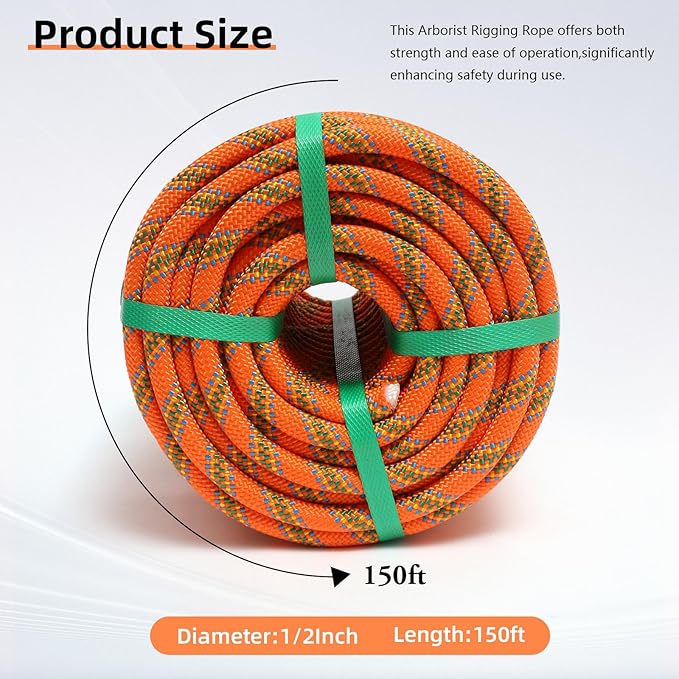 Climbing Rope, 1/2 Inch x 150 Feet Double Braided Arborist Rope Polyester for Outdoor, Climbing, Hiking, Swing, Tree Work, Halyard, Sailing etc(Orange)
