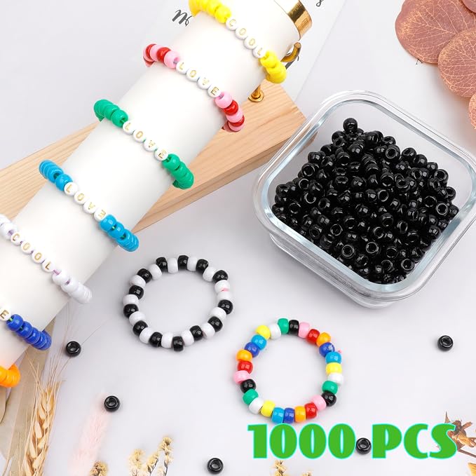 1000Pcs Pony Beads Bracelet 9mm Black Plastic Barrel Pony Beads - Image 6
