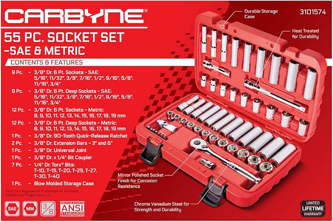 CARBYNE 3/8" Drive 6 Point Socket & Ratchet Set - 55 Piece | SAE & Metric. Includes Metric 8mm to 19mm, SAE 5/16" to 3/4". Chrome Vanadium Steel • From a Family-Run Tool Company Based in the U.S.A.