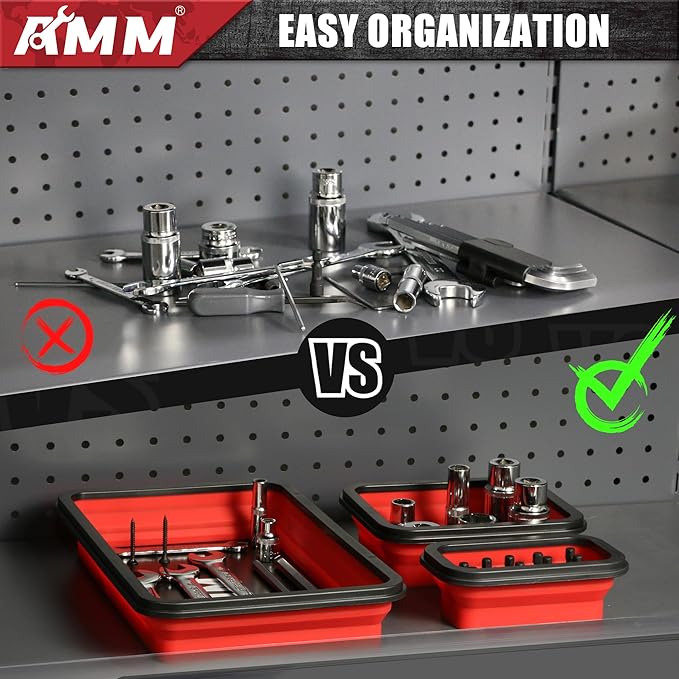 AMM Foldable Magnetic Parts Tray Set, 3 Different Size Magnetic Tool Trays for Bolts Screws Nuts & Small Metal Parts, Mechanic Tool Present for Men，Red