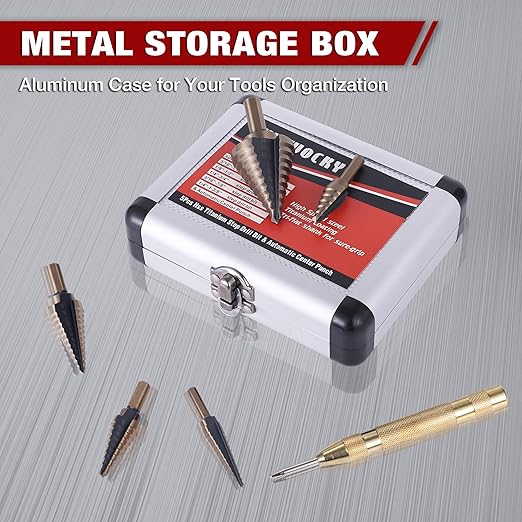 Step Drill Bits, 6PCS (50 Sizes) HSS Step Unibit Drill Bit Set with Auto Center Punch Black and Gold, Double Cutting Blades HSS Drill with Aluminum Case, Multi-Hole Stepped Up Bits for DIY