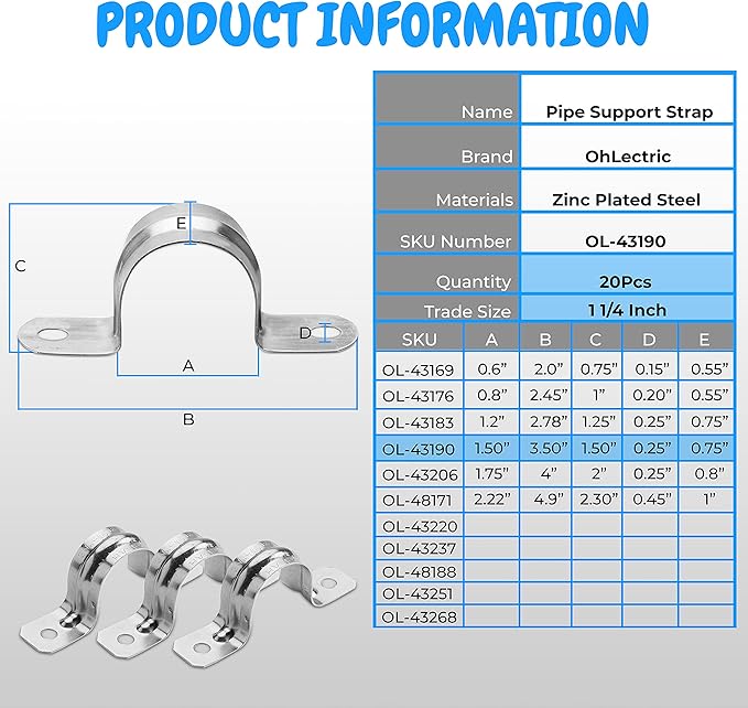 OhLectric 2 Hole 1-1/4 Inch Pipe Strap - Reinforced Rib for Extra Strength - Zinc-Plated Steel Pipe Strap Clamp for Rigid & IMC Conduit - Snap-On Installation - Pack of 20; OL-43190