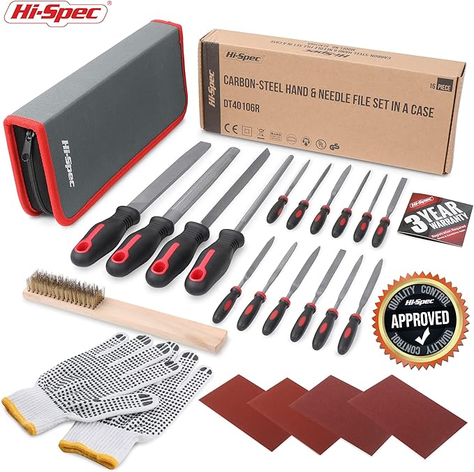 Hi-Spec 17 Piece Metal Hand & Needle File Tool Kit Set. Large & Small Mini T12 Carbon Steel Flat, Half-Round, Round & Triangle Files. Complete in a Zipper Case with a Brush