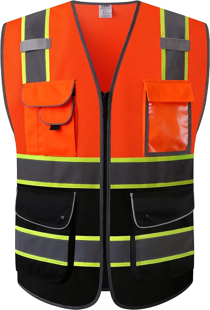 JKSafety 9 Pockets Class 2 High Visibility Dual Color Zipper Front MESH Lite Safety Vest | Yellow Color Triming Reflective Strip | ANSI/ISEA Standards (100-Orange-Black, L)