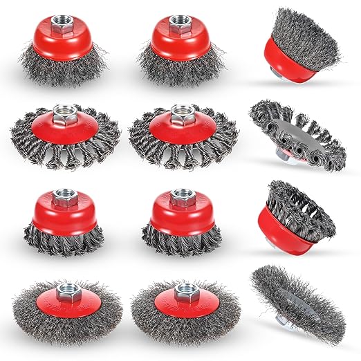 12 Pack Wire Wheel for Angle Grinder Coarse Crimped and Knotted Wire Wheel Brush Cup Set 4 1/2 Angle Grinder Attachments with 5/8-11 UNC Threaded Arbor for Rust Paint Removal