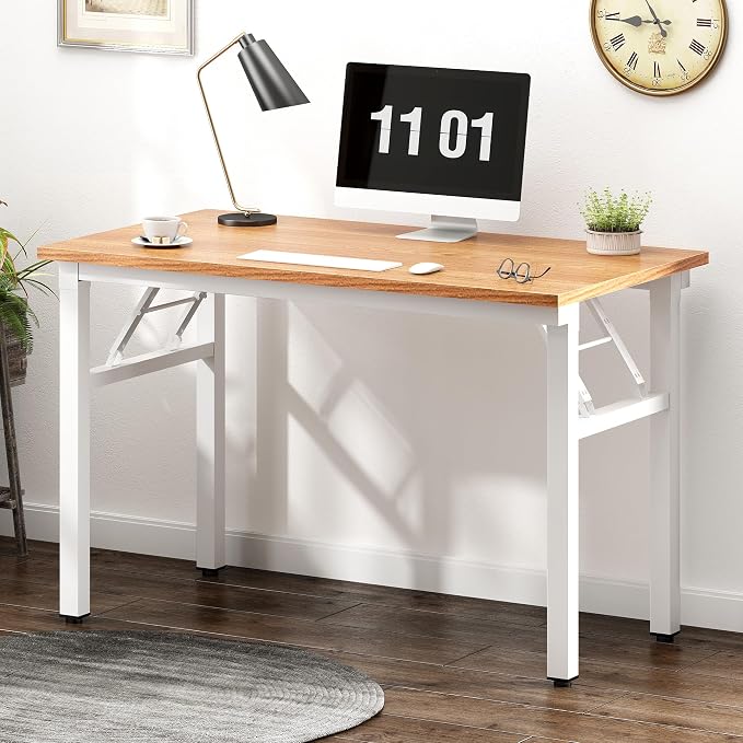 Need Small Folding Computer Desk, 39.4 Inch Writing Table, Teak & White | - Image 6