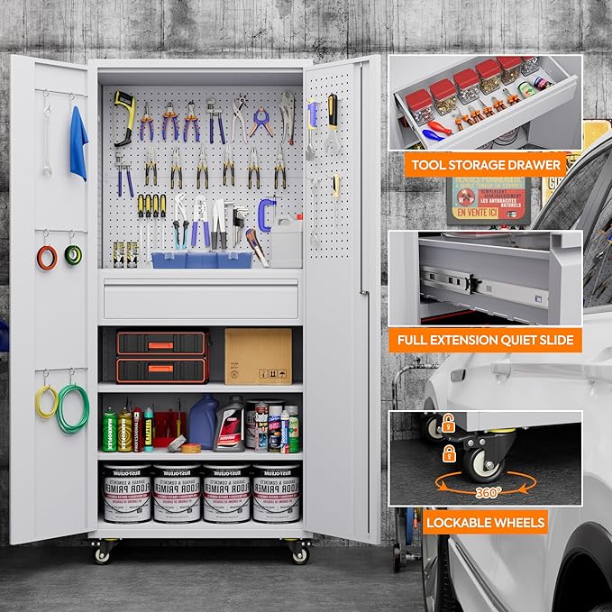Metal Garage Storage Cabinet with Wheels,71" H Rolling Tool Cabinet with Pegboard,Hooks and 1 Drawer for Garage Warehouse Home, Assembly Required,White