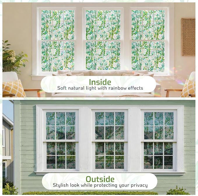 LUTE Stained Glass Window Privacy Film, Leaf Rainbow, 23.6" X 78.7" | No Glue - Image 9