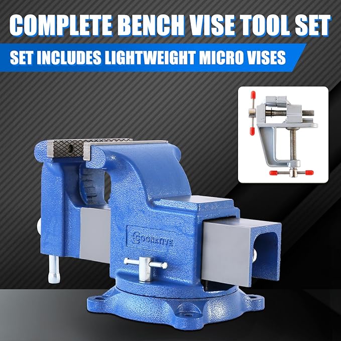 6" Heavy-Duty Bench Vise Ductile Iron Bench Vise 6 Inch 360° Swivel Bench Vice with Anvil Blue, Include Mini Bench Vice Clamp