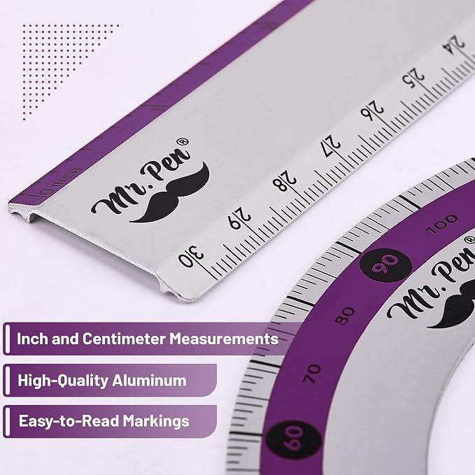 Mr. Pen- Metal Geometry Kit, 4 Pack, 45° & 30°/60° Set Squares | 6" Protractor - Image 3