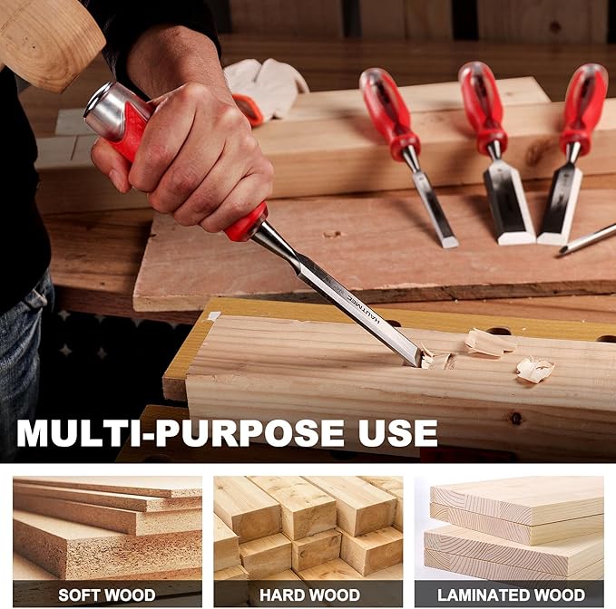 HAUTMEC 3/4" Wood Chisel – High-Impact Drop-Forged CRV Steel, Fully Polished Beveled Edge Blades, Heavy-Duty Strike Cap & Extended Anti-Skid Handle – HT0361