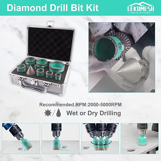 Diamond Core Drill Bits Set 11pcs Tile Hole Saw Kit Triangle Shank(6/6/8/20/25/28/35/45/50/65mm/35mm Diamond Chamfer bits)