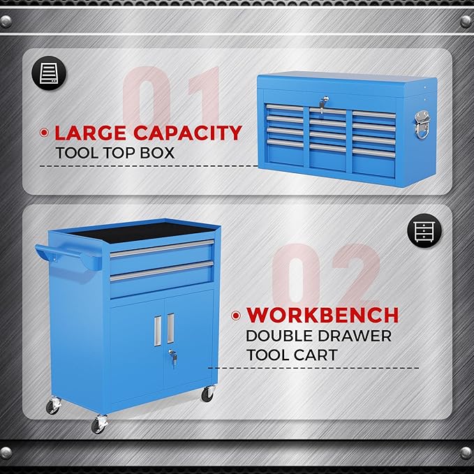 INTERGREAT 8 Drawer Rolling Tool Chest, Assembled Tool Chest with Wheels, 2-in-1 Detachable Steel Toolchest Organizer Combo, Tool Cabinet for Garage, Workstation (Blue)