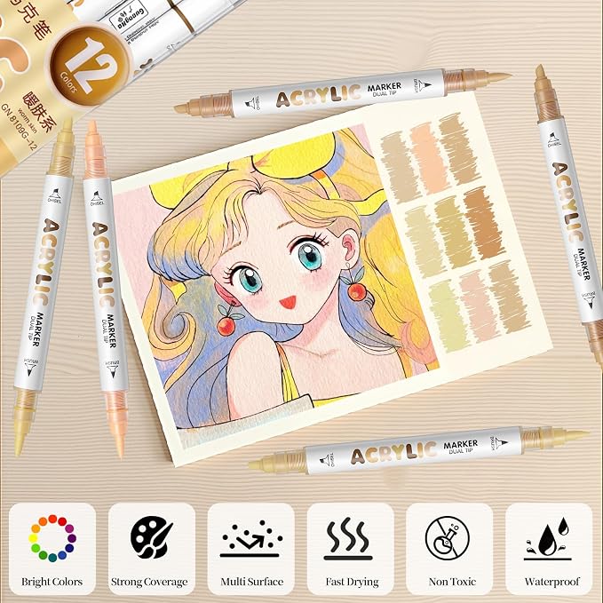 Warm Skin Tone Acrylic Paint Pens, Water Based 12 Colors Dual Tip Acrylic Paint - Image 4