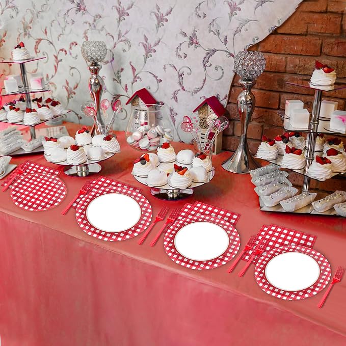 Tevxj 96 PCS Picnic Party Plates Red and White Gingham Checkered Plaid Party - Image 6