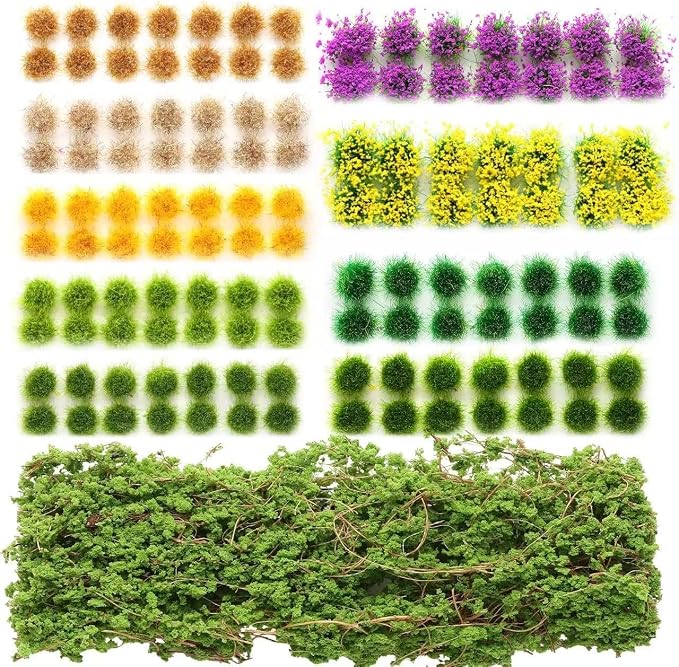 126 Pcs Static Grass Tufts&Flowers DIY Miniature Shrubs Bushes | Terrain Model by Unknown