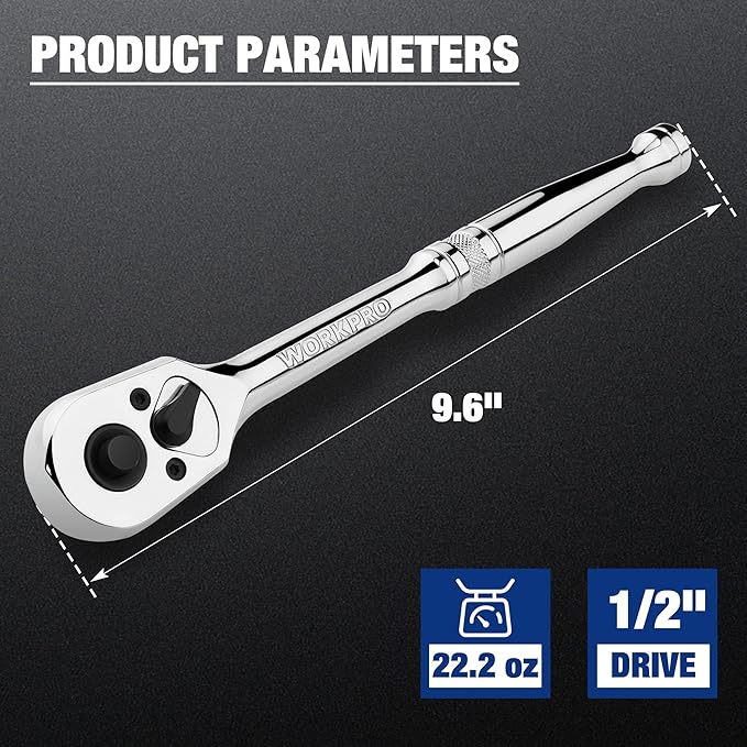 WORKPRO 1/2-Inch Drive Ratchet, Quick-Release Reversible Ratchet Wrench, 72-Tooth 1/2 Drive Ratchet Handle, Chrome Alloy Made, Cr-Mo Head, Full Polished