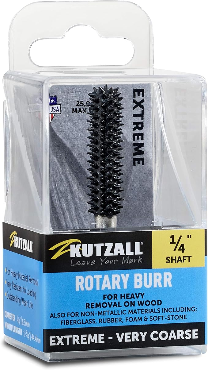 Kutzall Extreme Ball Nose Burr, 1⁄4" Shaft, Very Coarse - Wood Carving Bit for Bosch, DeWalt, Milwaukee. Abrasive Tungsten Carbide, 1⁄4" (6.3mm) Dia. X 1-1-3⁄8" (34.9mm) Length, BNX-14C