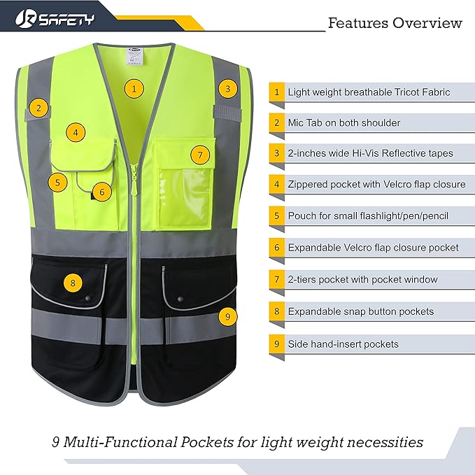 JKSafety 9 Pockets High Visible Reflective Safety Vest Zipper Front Breathable Lining, Yellow-Black Meets ANSI/ISEA Standards(150-Yellow-Black L