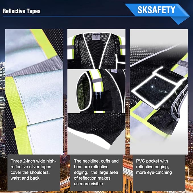 SKSAFETY 10 Pockets Safety Vest, Class 2 High Visibility Security with Zipper Double-sided mesh, Hi Vis Vest with Reflective Strips, ANSI/ISEA Standard, Construction Work Vest （Black, M）